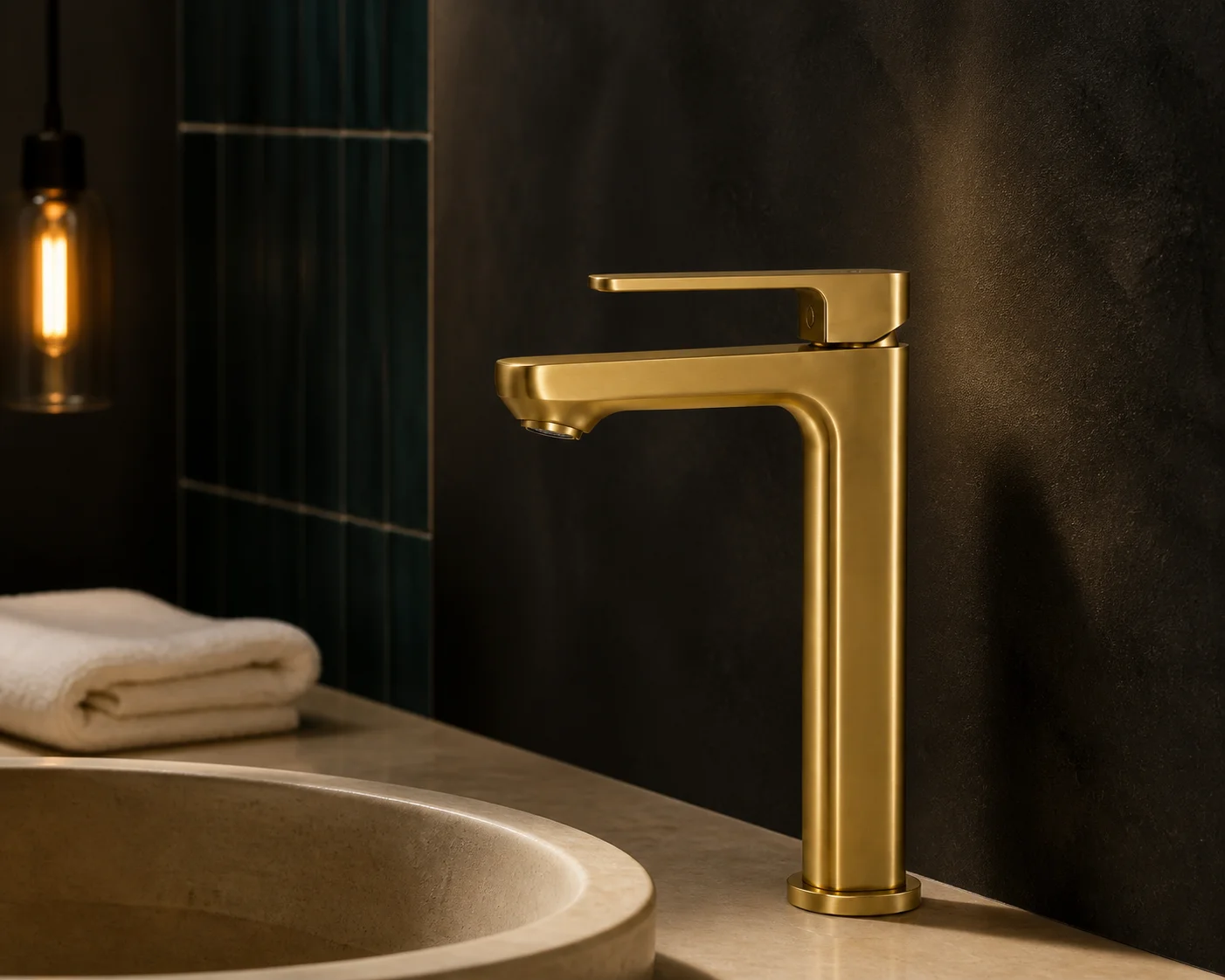 Rear detail of the brushed gold Tala Vessel lever beside teal tiles