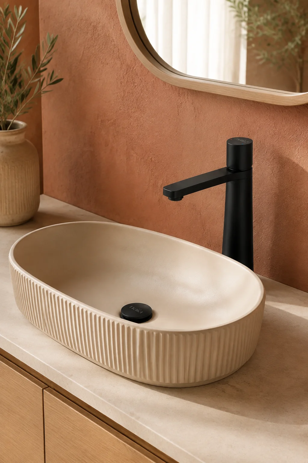 Matte black Lian mixer with a cream fluted basin and terracotta walls
