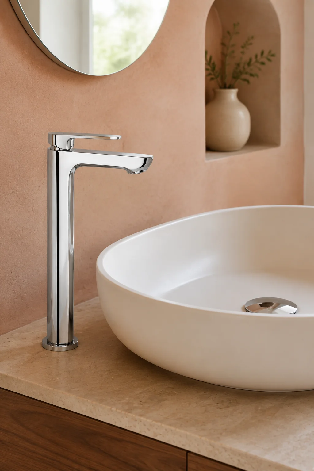 Side view of the chrome Tala Vessel mixer with a cream bowl in a terracotta bathroom