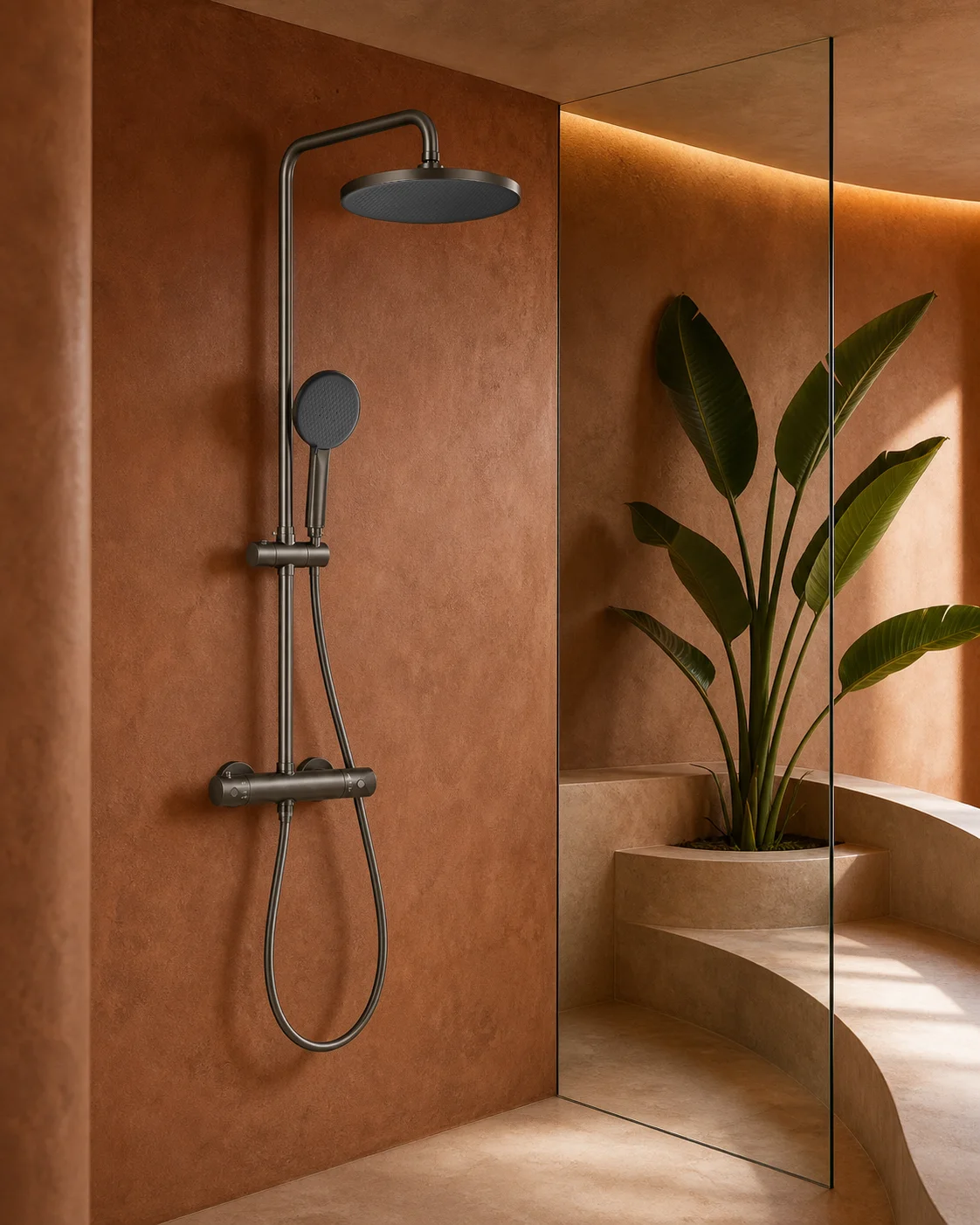 Gun grey Rima column in a terracotta spa shower