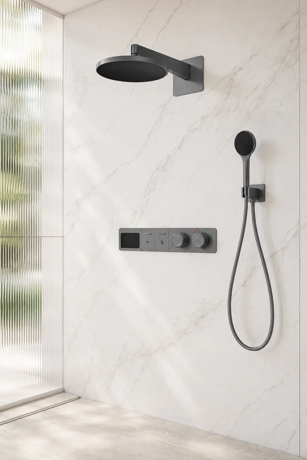 Gun grey Noor system on white marble behind fluted glass
