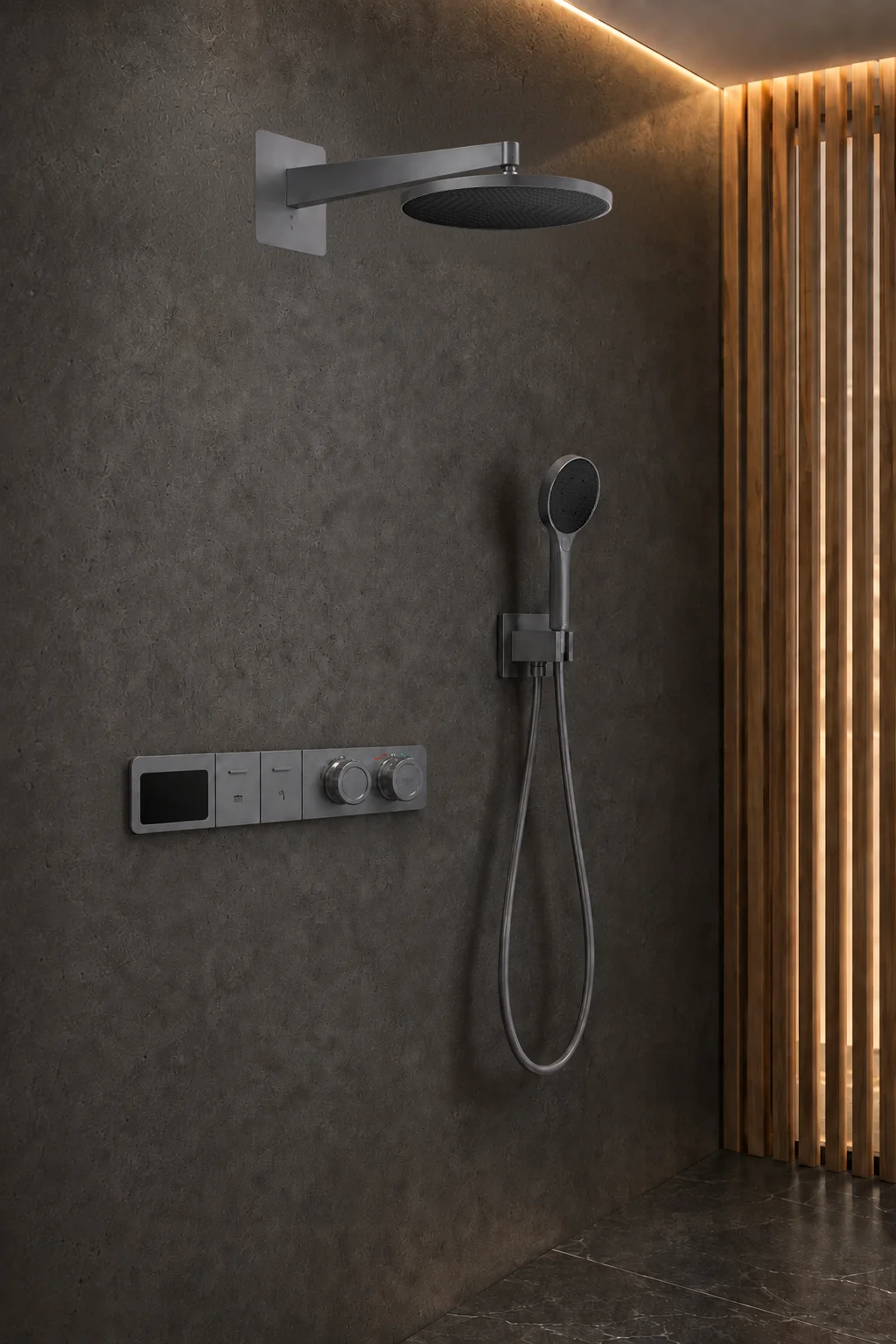 Gun grey Noor system on charcoal concrete beside oak slats