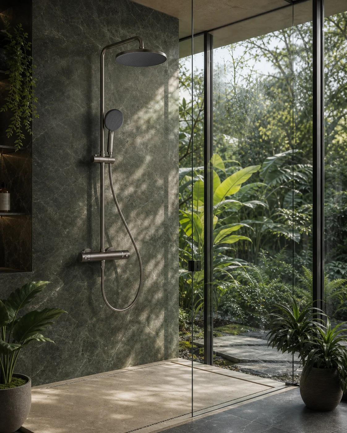 Gun grey Rima column in a glasshouse shower suite