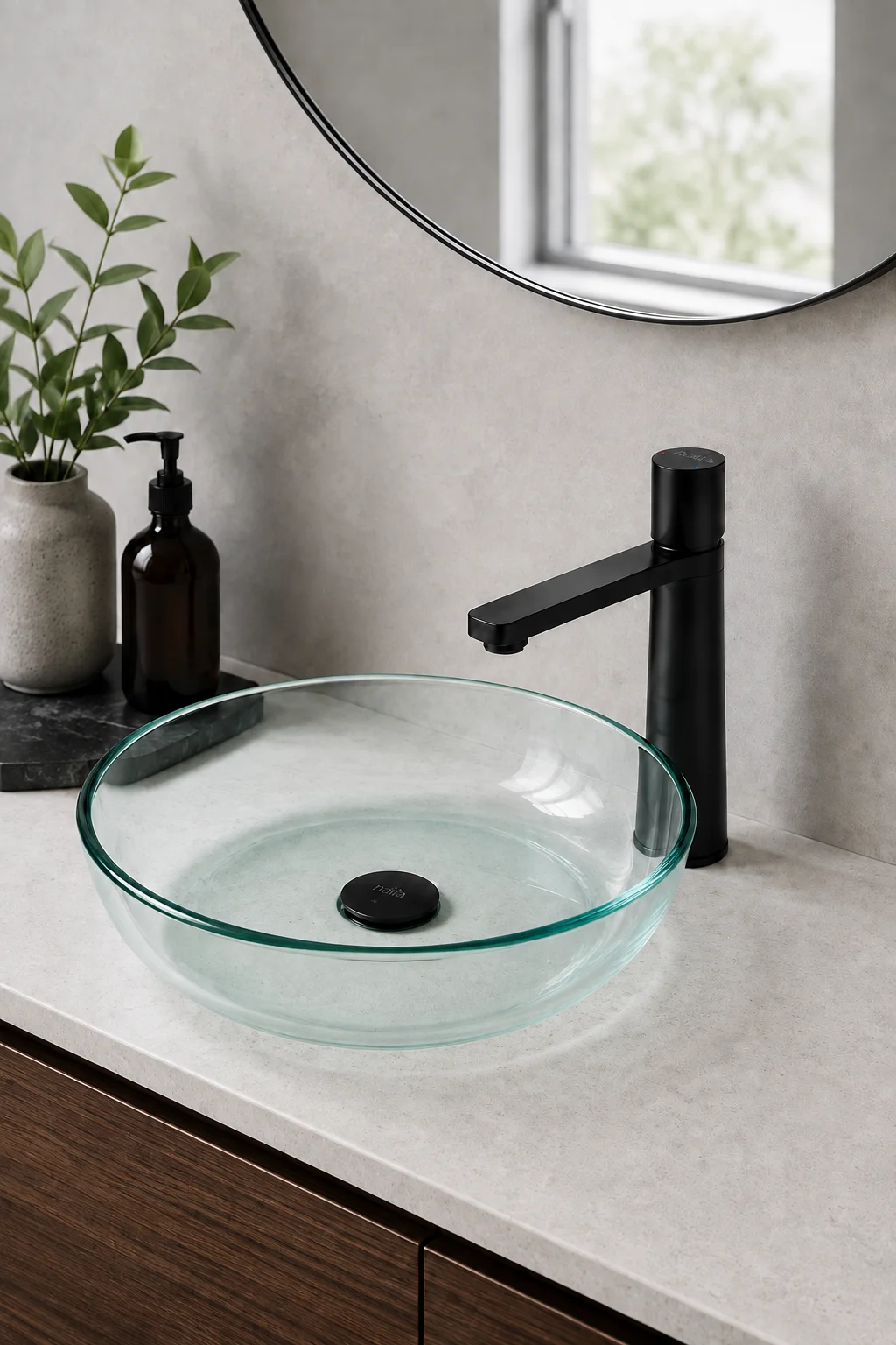 Matte black Lian mixer with a clear glass bowl on a grey counter
