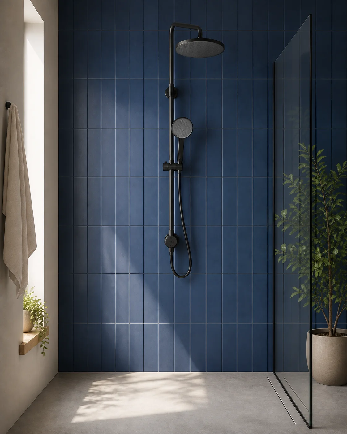 Matte black Dana column in a navy walk-in shower