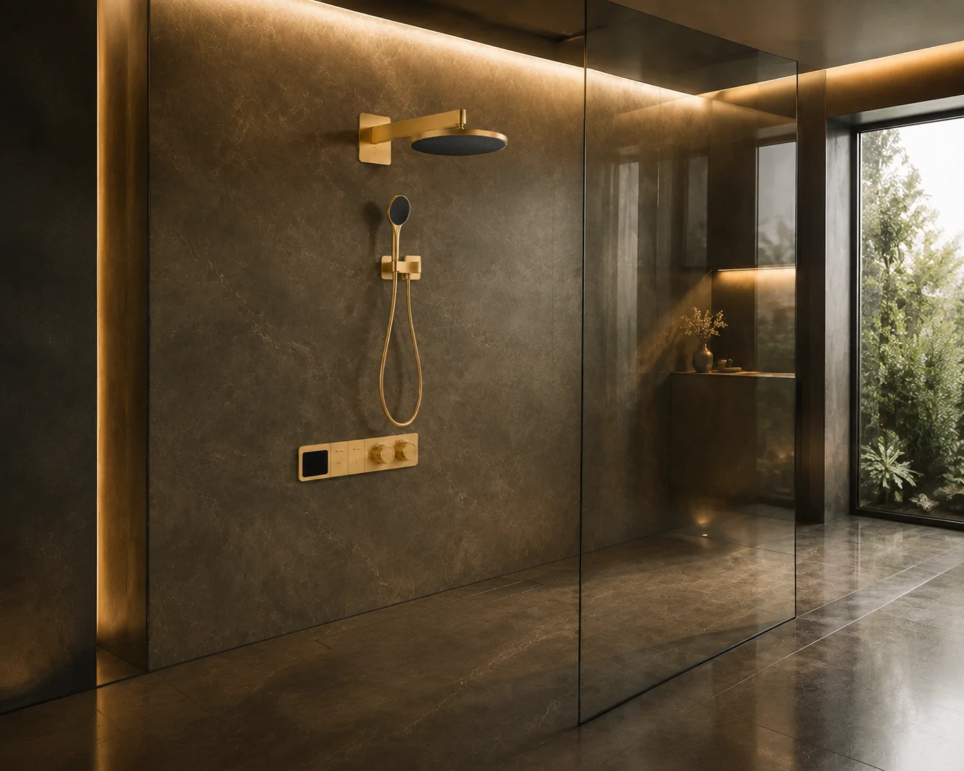 Brushed gold Noor system in a bronze stone shower room, opposite side