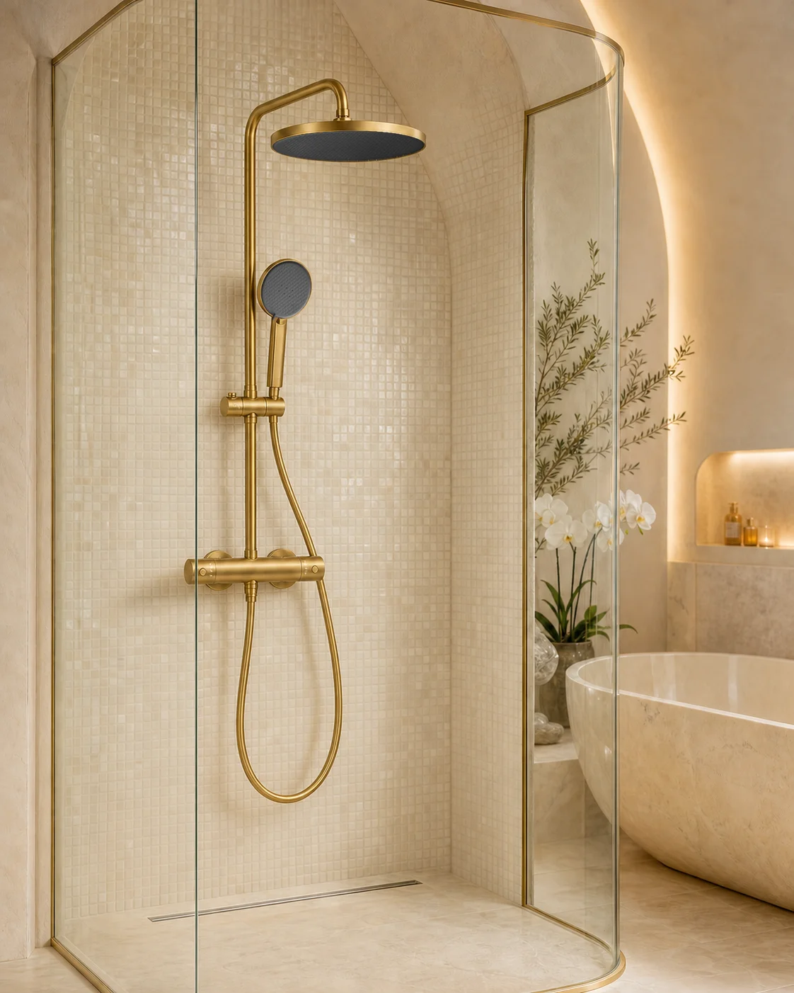 Brushed gold Rima column in a pearl mosaic arched bathroom