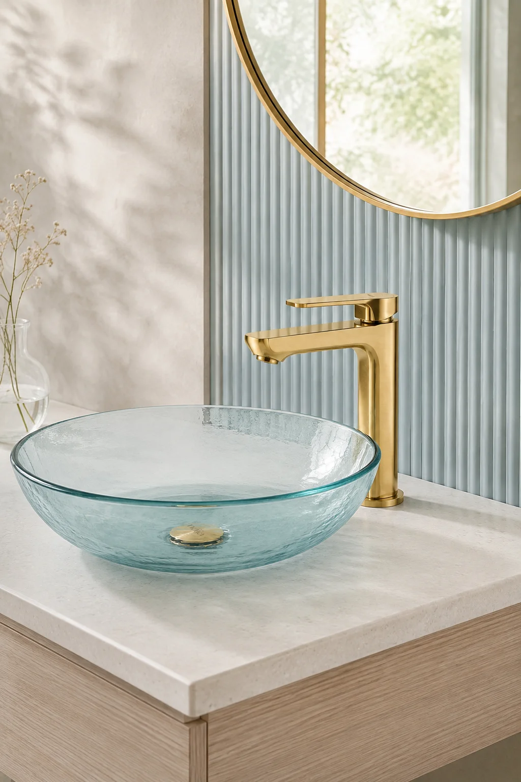 Brushed gold Tala mixer with an aqua glass bowl and powder blue fluted wall