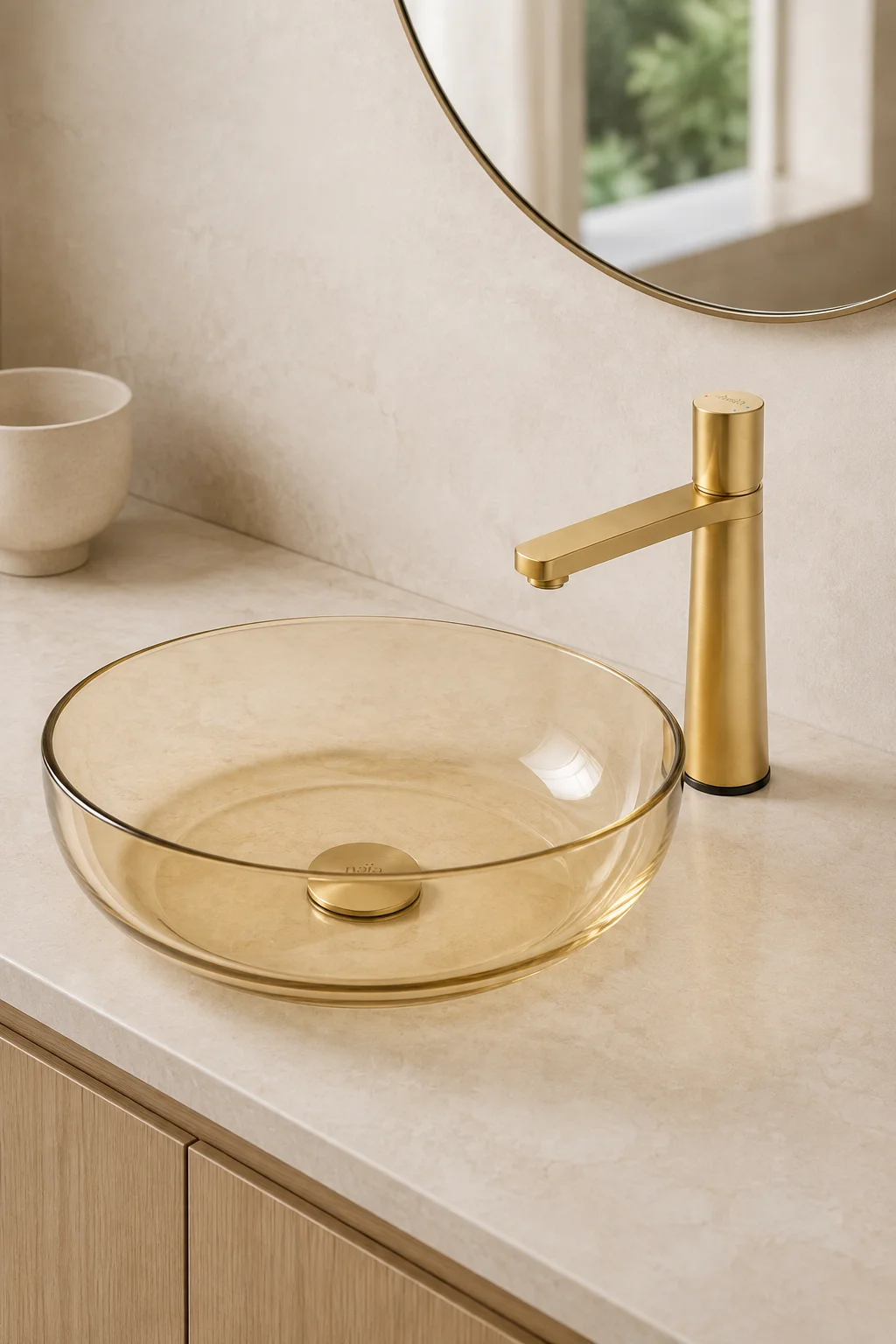 Brushed gold Lian mixer with an amber glass bowl on sandstone