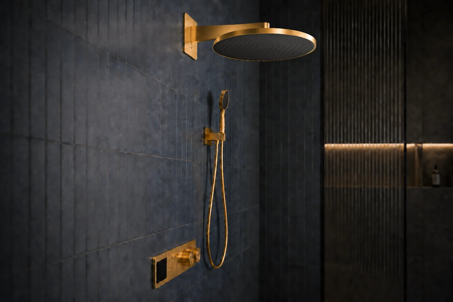 Side profile of the brushed gold Noor rain head and hand shower on dark tiles