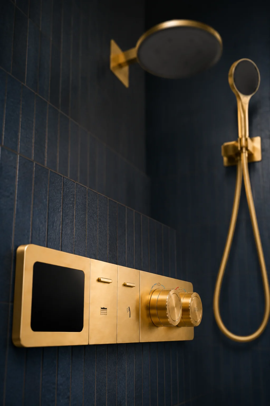Macro of the brushed gold Noor thermostatic panel with its temperature display