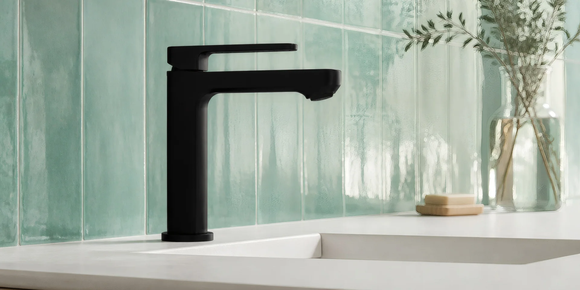 Tala basin mixer in matte black against seafoam tile