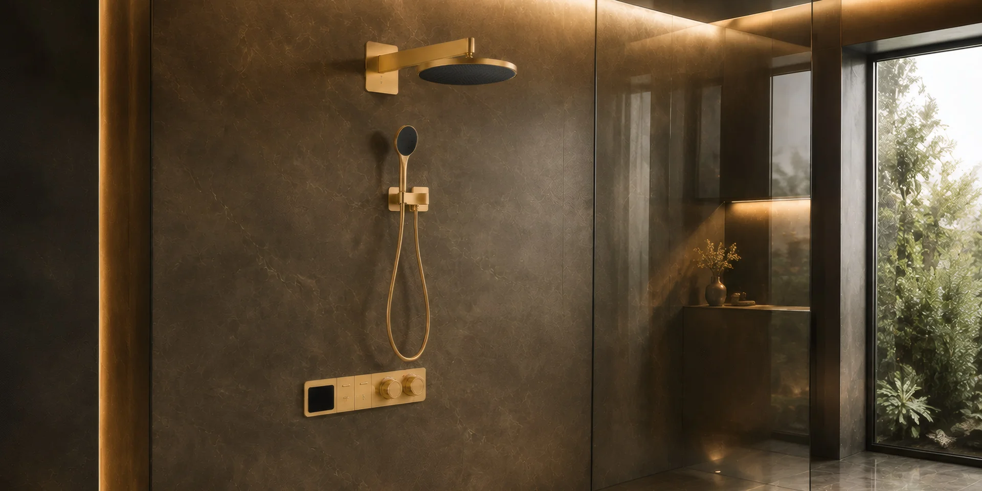 The Noor concealed shower system in brushed gold, in a stone bathroom open to a garden