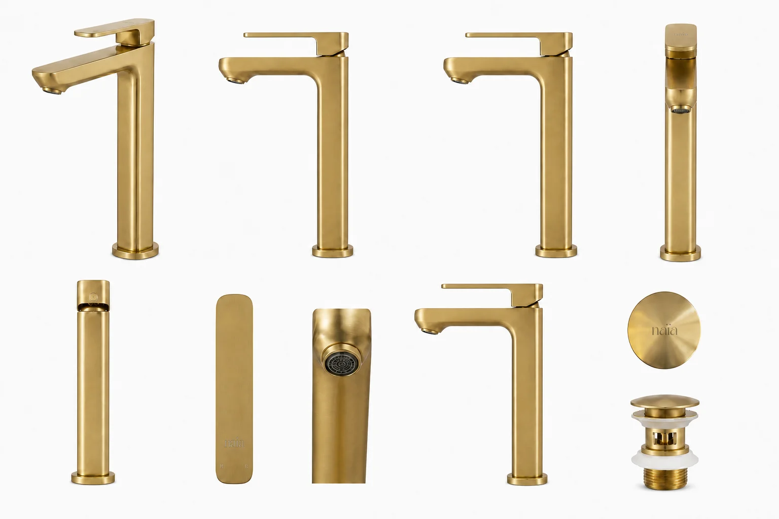 Tala Vessel in Brushed Gold: front, side and detail studio views